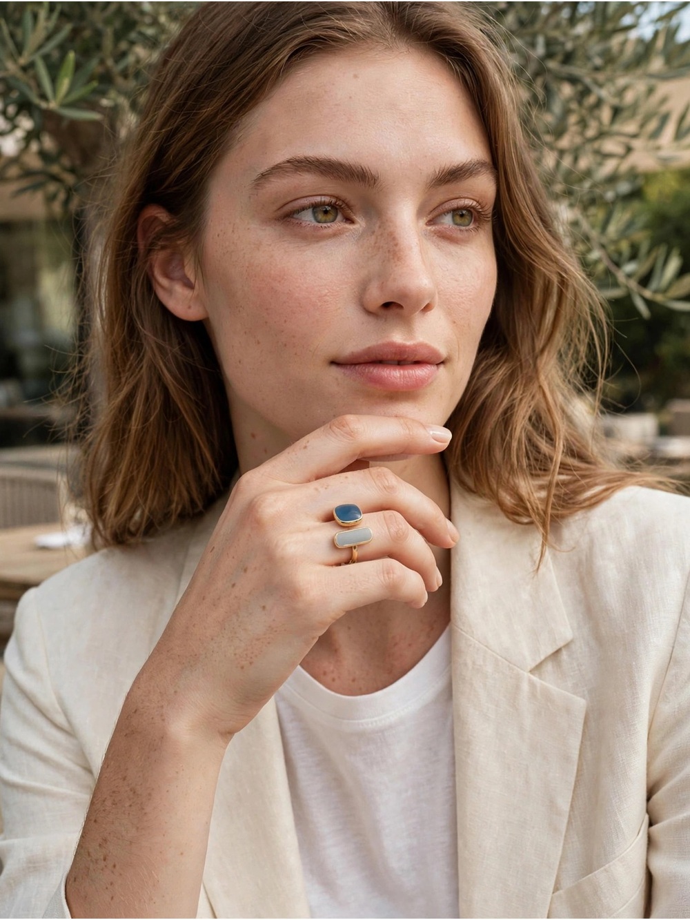Gold Ring with Blue and Gray Stone Accents - Women's Jewelry